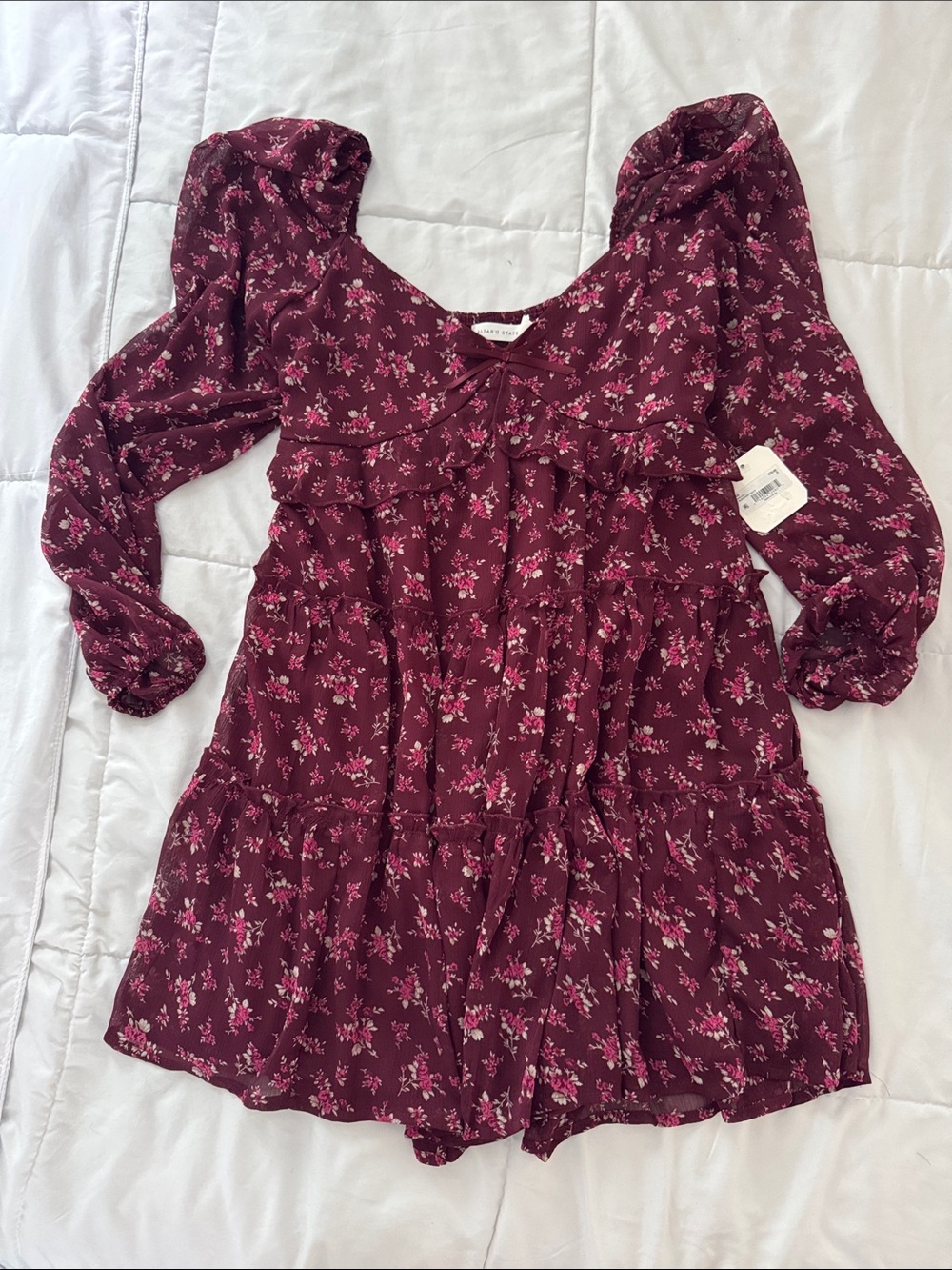 Altar'd State Burgundy Floral Tiered Long-Sleeve Dress